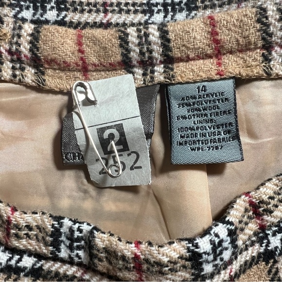 Vintage Chandler Hill Wool Blend Plaid Faux Wrap Midi Skirt- Tan/Beige, Size 14 - Picture 7 of 7